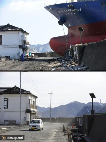 4. Улица в Офунато, префектура Ивате, после цунами, 14 марта 2011. Ниже та же улица 15 января 2012 года.