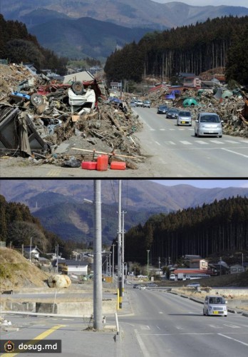 7. Рикузентаката, префектура Ивате, 22 марта 2011. Тот же район 15 января 2012 года.