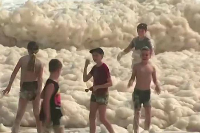 Уникальное пенное природное явление на пляже попало на видео